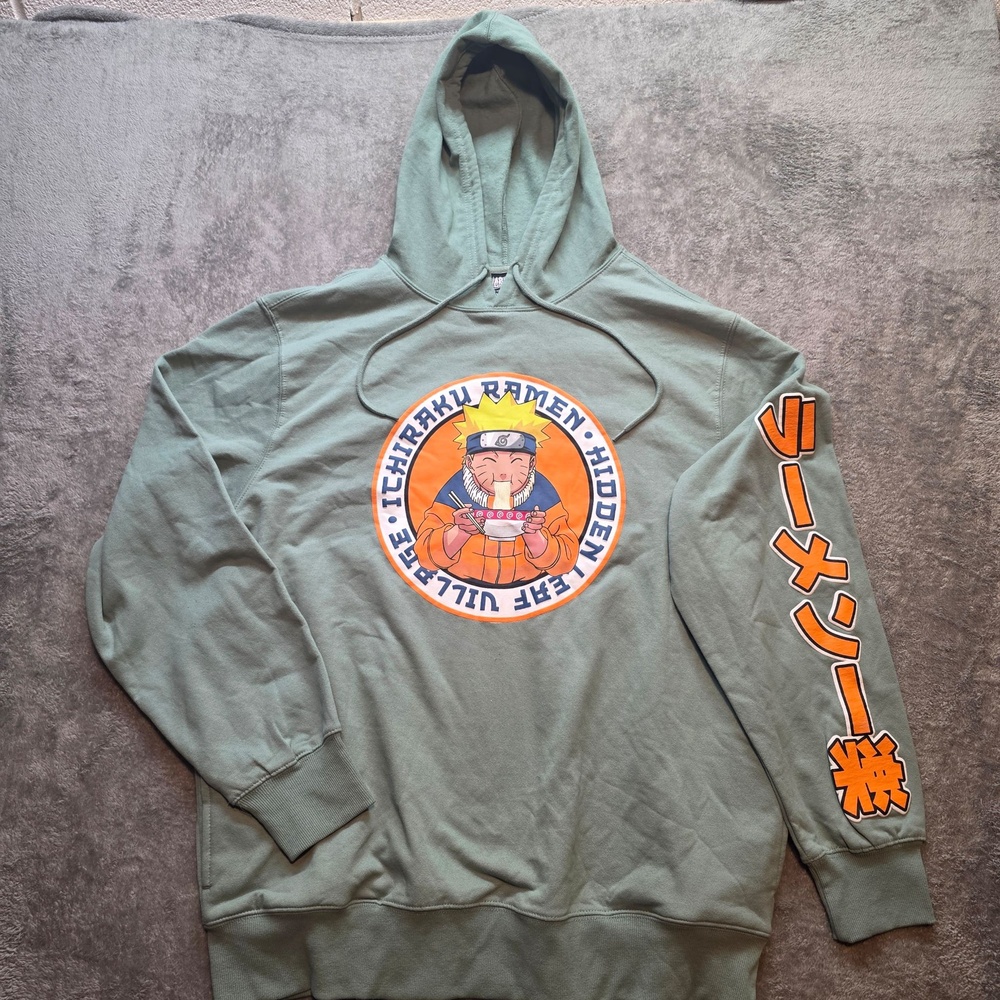 Naruto Hoodie Mens XL Green Fleece Pullover Ichiraku Ramen Graphic Sweatshirt